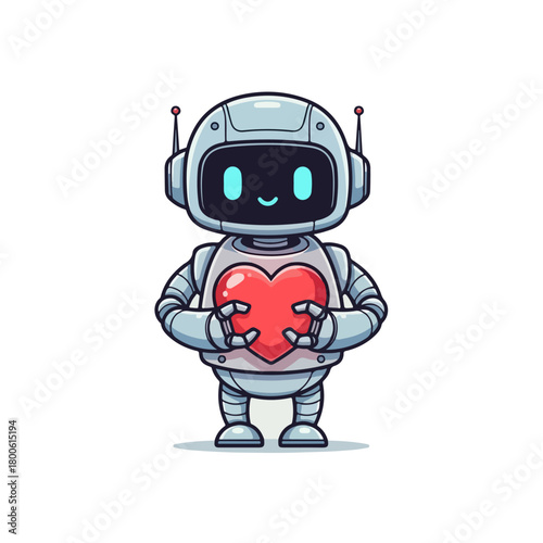 Adorable Robot Character Holding a Red Heart with a Sweet Expression and Antennae