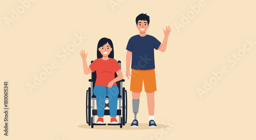 Young Couple with Physical Disabilities Waving Hello