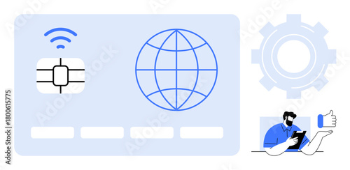 Microchip, wireless signal, globe, gear, and user with tablet highlight technological integration, innovation, and ease of use. Ideal for payments, systems fintech connectivity services user