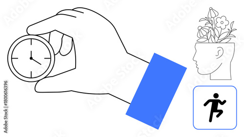 Hand grasping clock, head with blooming flowers, running figure. Ideal for time management, personal growth, wellness, mental health, motivation productivity and mindfulness. Simple flat metaphor