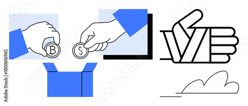 Hands placing coins labeled B and S into an open box, framed by a positive thumbs-up symbol. Ideal for charity, crowdfunding, investing, e-payment, teamwork, support and sharing. Simple flat