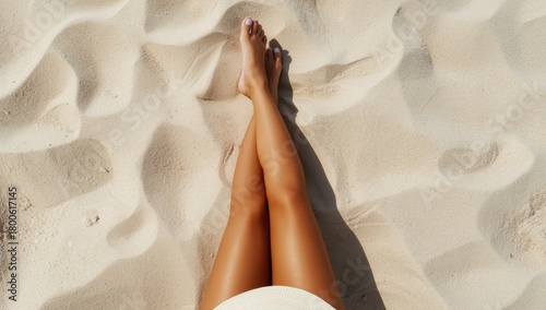 Fototapeta Naklejka Na Ścianę i Meble -  Womans tanned legs lying on rippled sand dunes at the beach