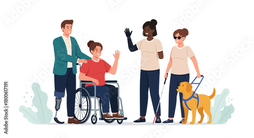 Happy Disabled Characters Greeting Vector Illustration