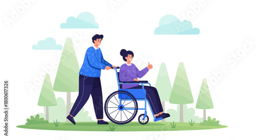 Happy Couple Outdoors with Wheelchair