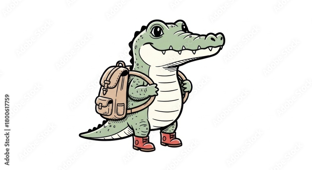 Obraz premium Illustration of a cheerful crocodile with a backpack ready for an adventure or back to school
