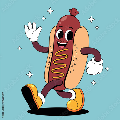 Retro Hot Dog Character Waving
