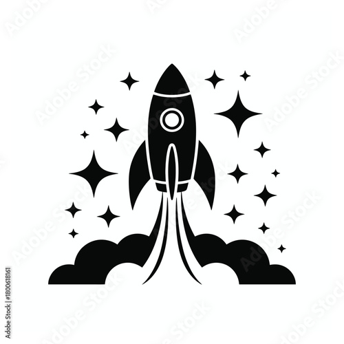Black Rocket Ship Launching with Stars and Smoke on White Background