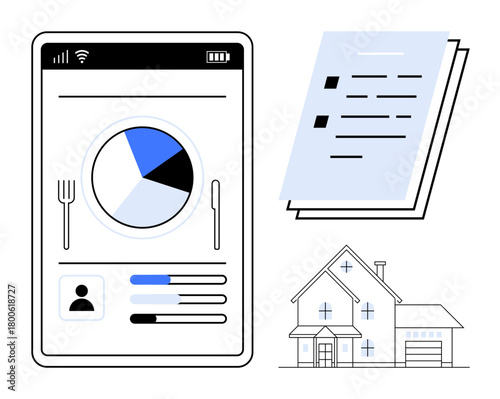Digital diet tracker with pie chart, user details, checklist documents, and suburban house. Ideal for nutrition, organization, home planning, technology, productivity modern living simple flat