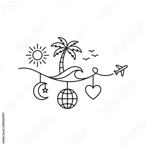 Travel wanderlust concept doodle with airplane, tropical island, and symbolic hanging charms.
