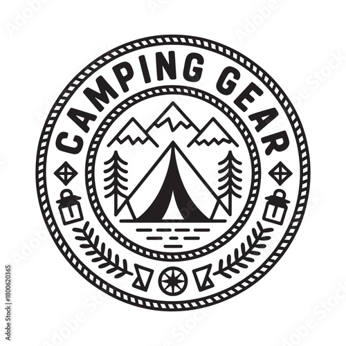 Vintage camping gear emblem with tent mountains and trees
