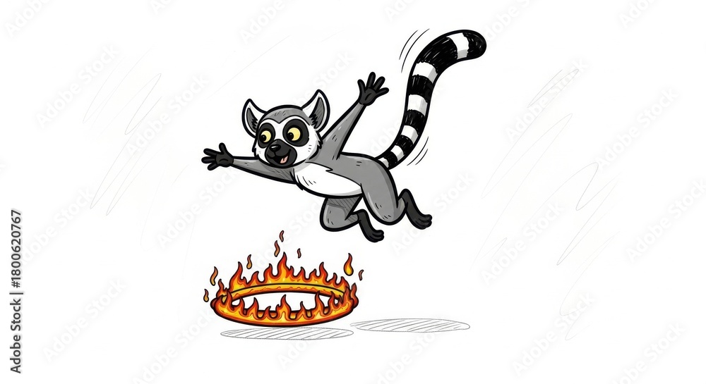 Naklejka premium Cartoon Lemur leaping through a Ring of Fire with an enthusiastic expression a playful scene