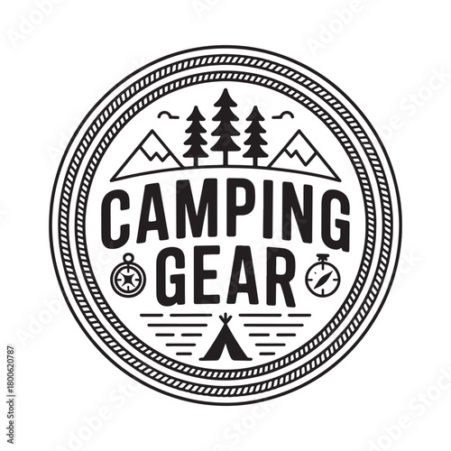 Vintage camping gear emblem with mountains trees and tent