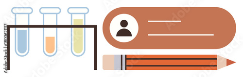 Test tubes in a rack, profile contact card, and pencil representing science, education, data analysis, research, identity, creativity and innovation. Ideal for simple flat metaphor