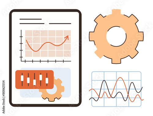 Charts with upward trends, candlestick graph, gear, and wave graph. Ideal for business growth, analysis, strategy, optimization investment progress and technology. Clean flat metaphor