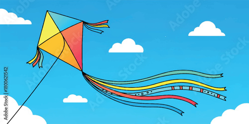 A cheerful illustration of a flying kite with ribbon tails, designed using clean outlines and bright gradient colors