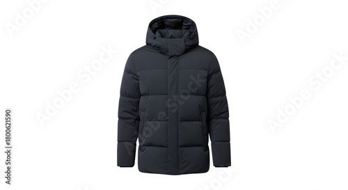 A dark grey hooded puffer coat with a long silhouette showcasing its quilted design and textured cuffs isolated on transparent background