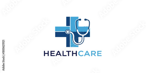 A modern medical logo featuring a clean combination of a cross and stethoscope, designed with balanced shapes and a professional blue color tone