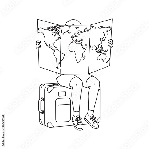 Traveler sitting on a suitcase holding a world map, line art coloring page.
