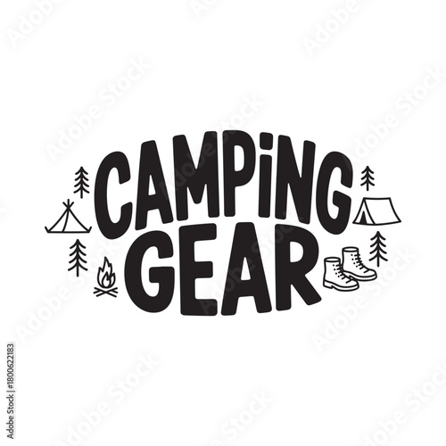 Hand drawn camping gear text and icons