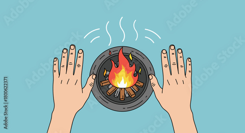 Hands warming over firepit, a vector icon for camping blogs and cozy lifestyle design