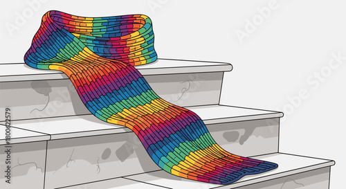 Vibrant rainbow scarf on steps, a vector concept for storytelling about loss, hope, or identity