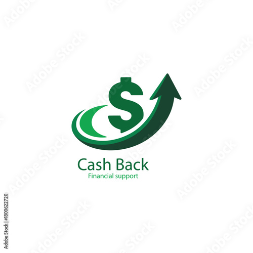 Cash back financial support logo with a green dollar sign and an upward trending arrow isolated on