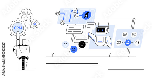 Robotic hand activating CRM gear, AI chatbot on laptop screen analyzing data, customer interactions, emotive responses, and digital tools. Ideal for CRM, AI, automation, customer service data flow