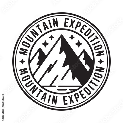 Vintage mountain expedition circular emblem with peaks and stars