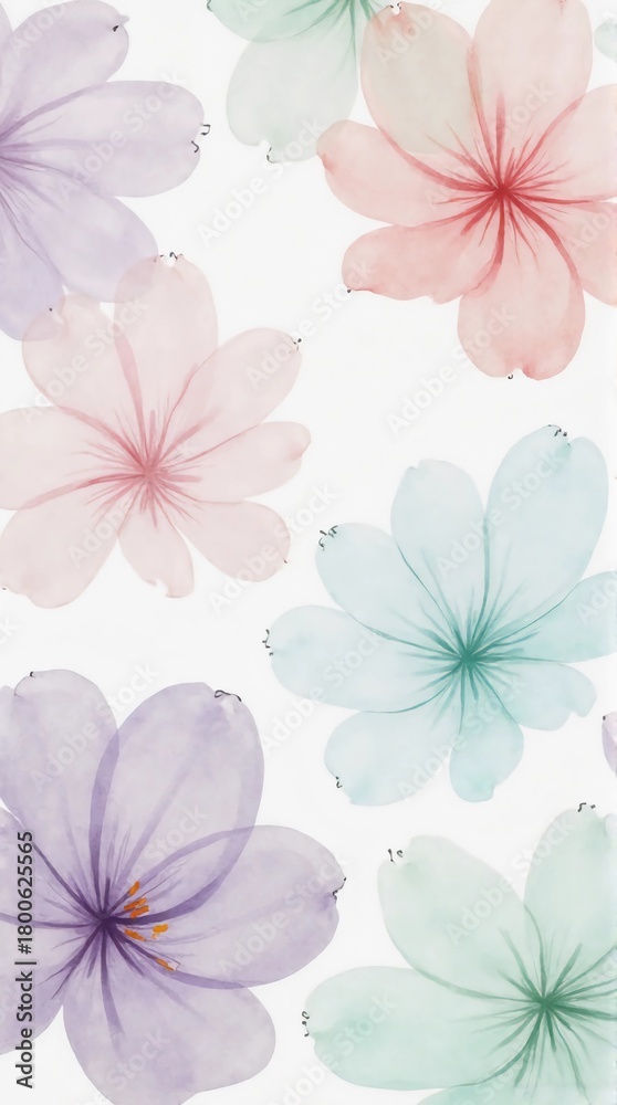 Obraz premium Pastel flowers in shades of pink, purple, blue, and green arranged on a white background creating a delicate floral pattern.