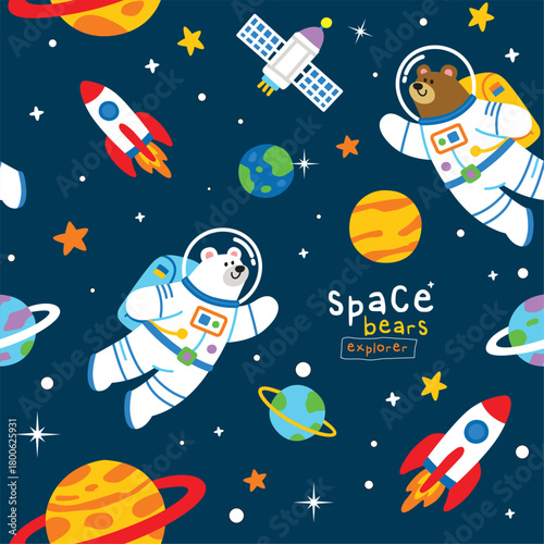 Cute Space Bears Astronaut Seamless Pattern with Rockets and Planets Vector 