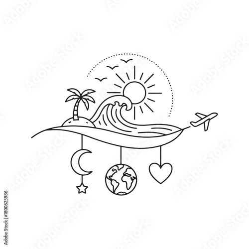 Travel wanderlust concept doodle with airplane, tropical island, and symbolic hanging charms.
