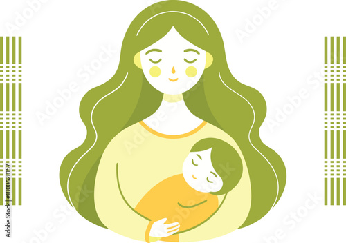 Mother holding sleeping baby with green decorative borders infant