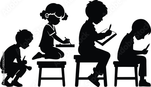 Silhouettes of children learning and drawing on transparent background education