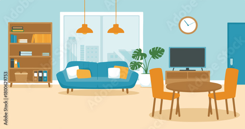 Blue sofa and dining table in a bright living room with city view Keywords: living room, interior, sofa, couch