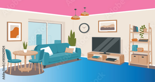 Bright Living Room With Blue Sofa Dining Area And Shelving Keywords: living room, interior, sofa, couch, dining