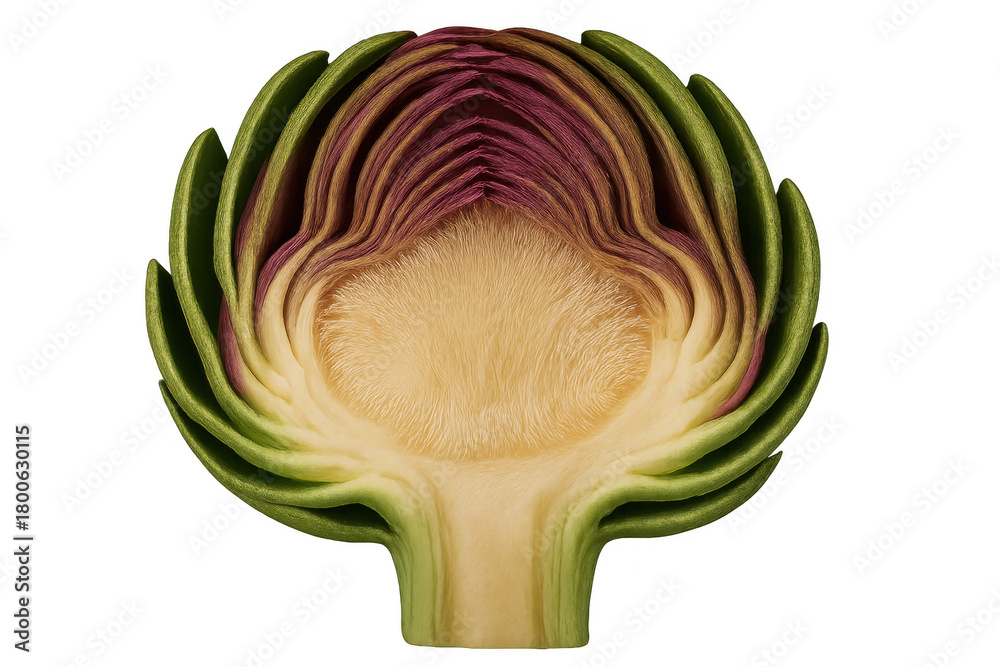 Obraz premium Fresh artichoke half showing inner core and purple leaves, cut vegetable representing healthy eating and raw organic food ingredients
