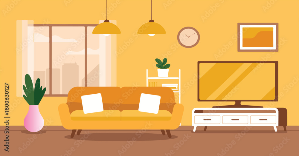 Fototapeta premium Bright yellow living room with sofa, television, and window view interior couch