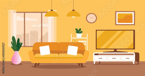 Bright yellow living room with sofa, television, and window view interior couch