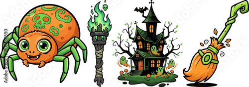 Cartoon Halloween elements spider haunted house broom torch spooky icons