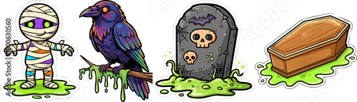 Cute Halloween characters mummy raven tombstone coffin and slime