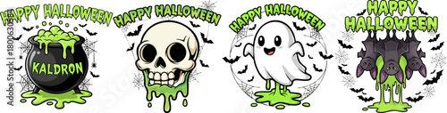 Happy Halloween icons spooky cartoon characters and symbols