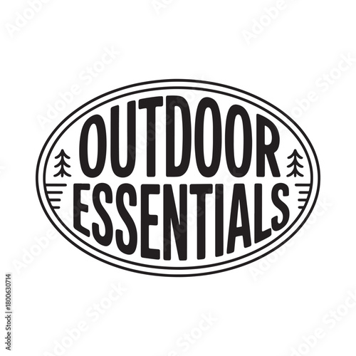 Outdoor essentials oval logo with pine trees and stripes