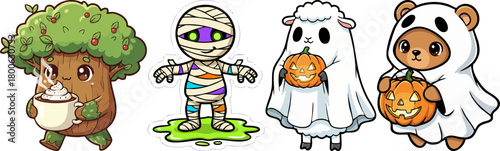 Cute Halloween Characters and Pumpkins Fun Illustration