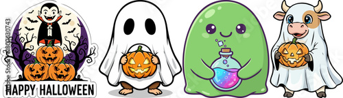 Cute Halloween characters and pumpkins ready for trick or treat