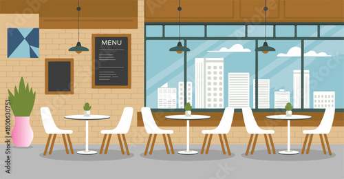 Cozy Cafe Interior With Tables Chairs And Menu Displayed Keywords: cafe, interior, coffee shop, restaurant, tables