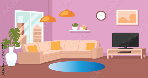 Cozy living room interior with sectional sofa and television couch