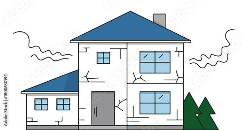 Damaged House with Cracks and Wavy Lines on White Background Keywords: house, damaged, cracked, broken, old