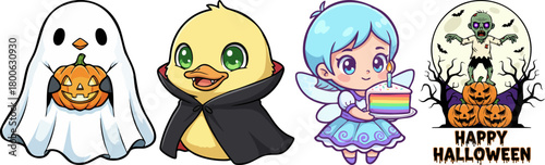 Cute Halloween Characters with Pumpkins and Cake for Festive Designs