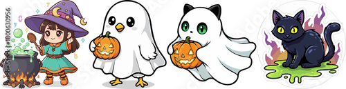 Cute Halloween characters including a witch ghost and black cat