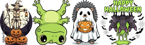 Cute Halloween characters and pumpkins for holiday design
